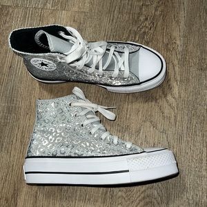 Converse Silver Glitter Leopard Platform High Top Sneakers